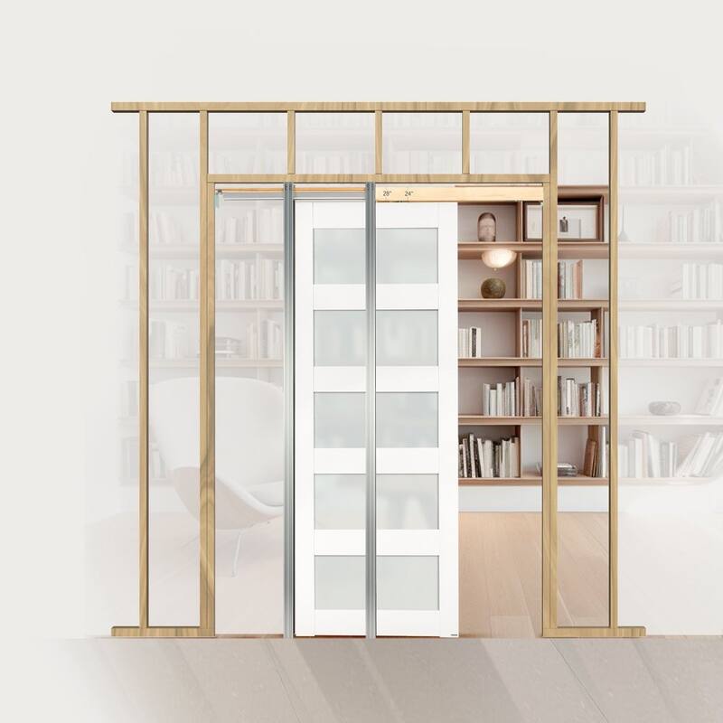 White Wood MDF Sliding Pocket Door with Frosted Glass Panels