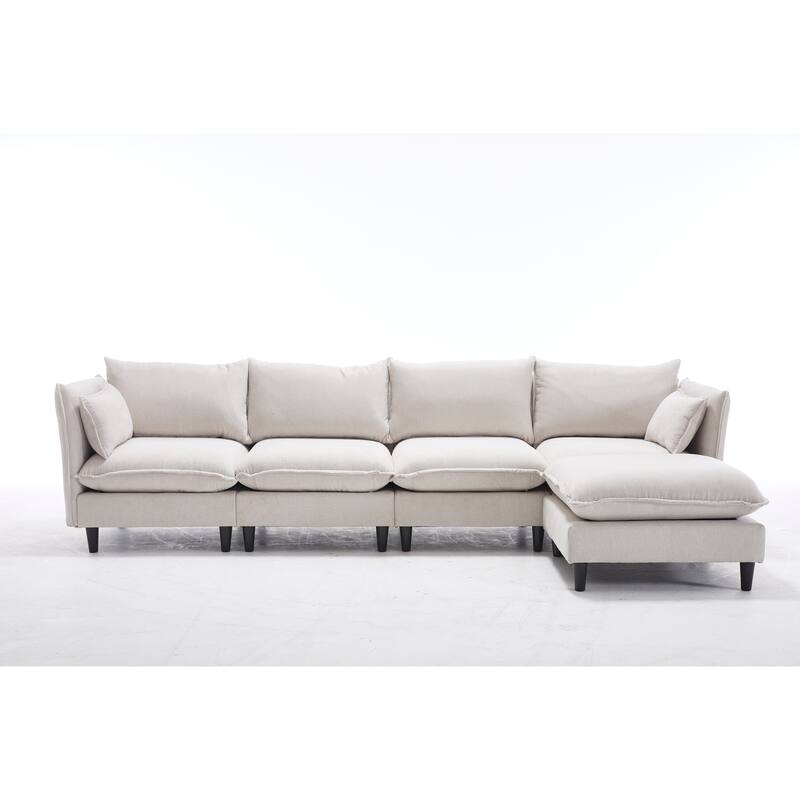 Modular 4-Seater L Shaped Sofa with Movable Ottoman, Beige