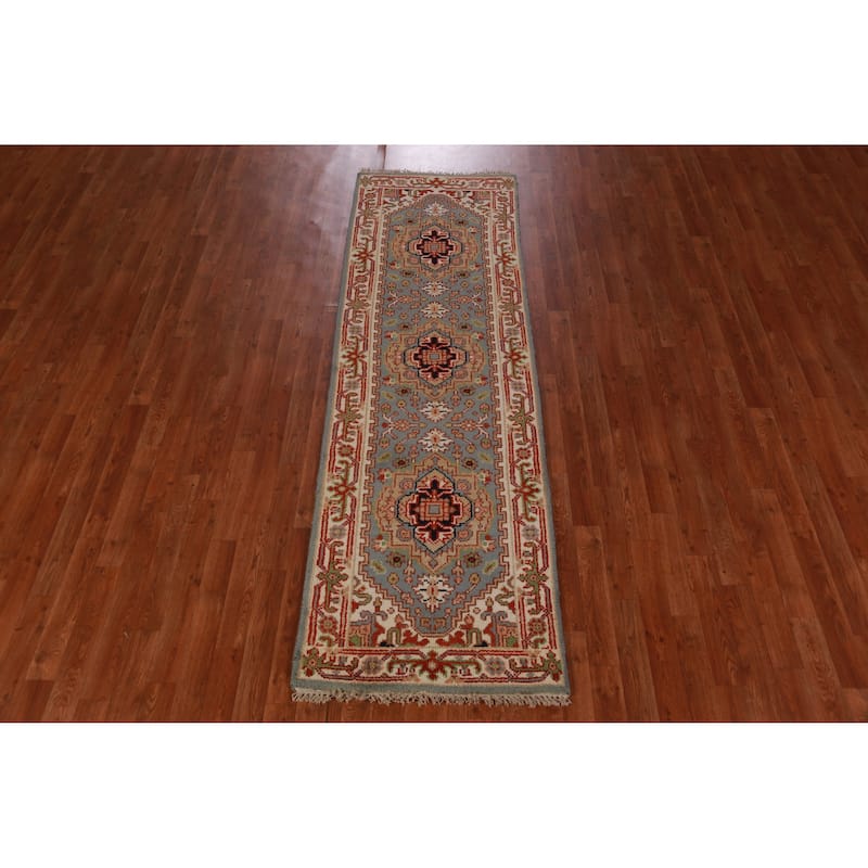 Hand Knotted Oriental 100% Wool Carpet Traditional Geometric Navy Blue & Blues Heriz (serapi) Runner Rug - 8' 2'' X 2' 6''