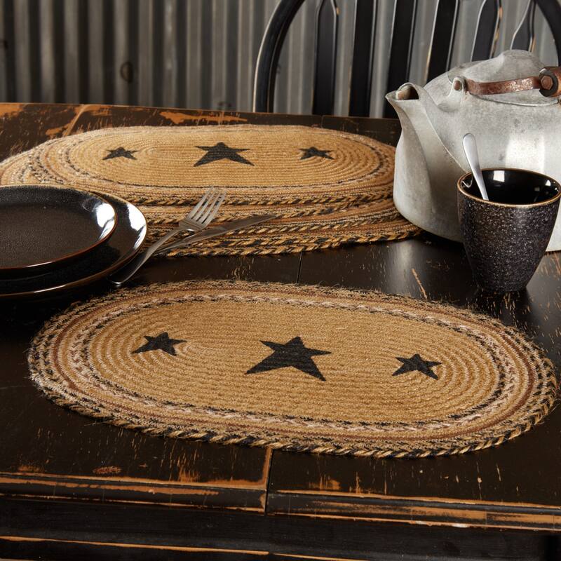 Kettle Grove Jute Placemat Stencil Star Set of 6 12x18 - Placemat 12x18 - Placemat 12x18 - Set of 6 - Natural/Country Black/Caramel