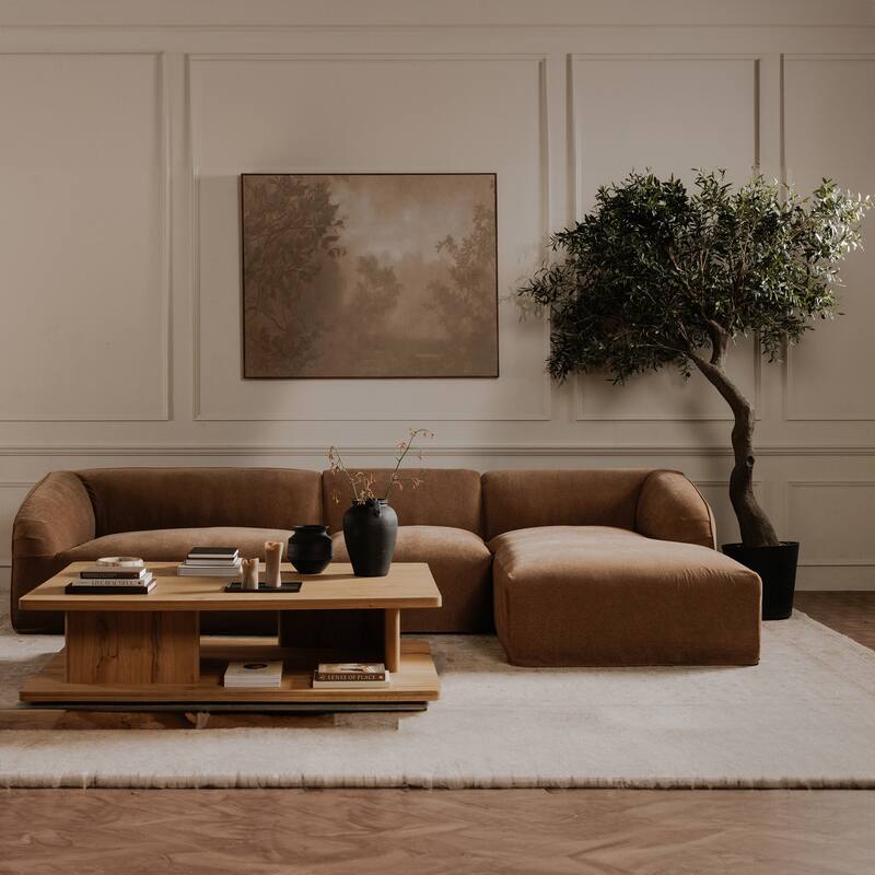 NADAAL STUDIOS Thalor Coffee Table, Large Rectangular Solid Oak Edge, Bullnose Vertical Support, Dark Brown