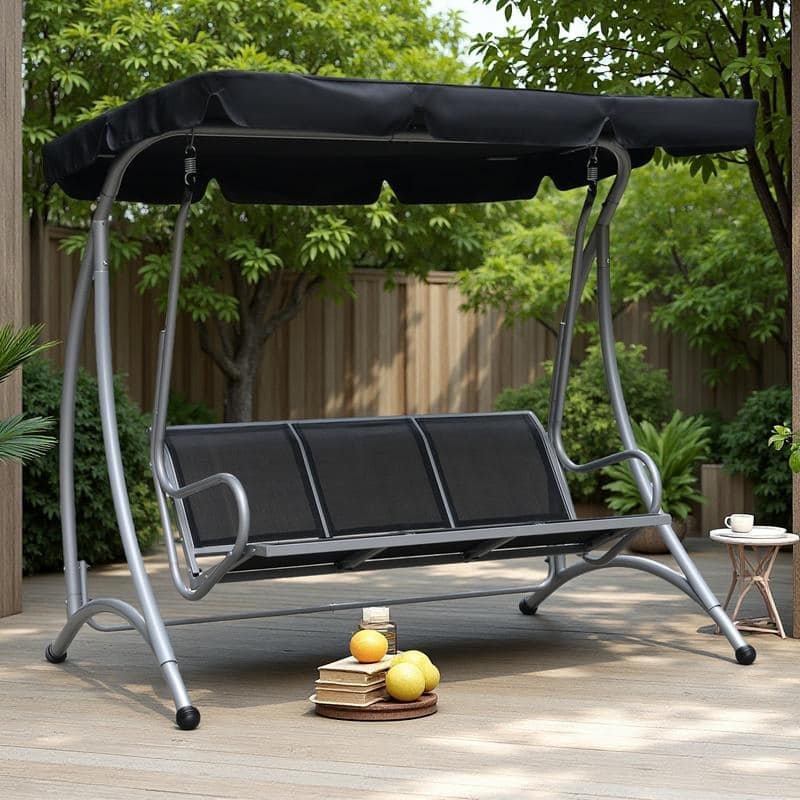 Steel 3-Seat Patio Swing with Canopy - Outdoor Swing Chair and Stand (748lb Capacity) - Black