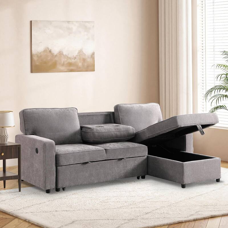 Upholstered Sleeper Sectional Sofa with Storage, USB Ports and Cup Holders, Multi-Functional Modern Sectional Sofa