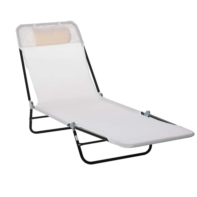 Outdoor Foldable Chaise Lounge Chair Pool Mesh Seat with Adjustable Backrest and Padded Headrest for Beach Yard Patio - Cream White