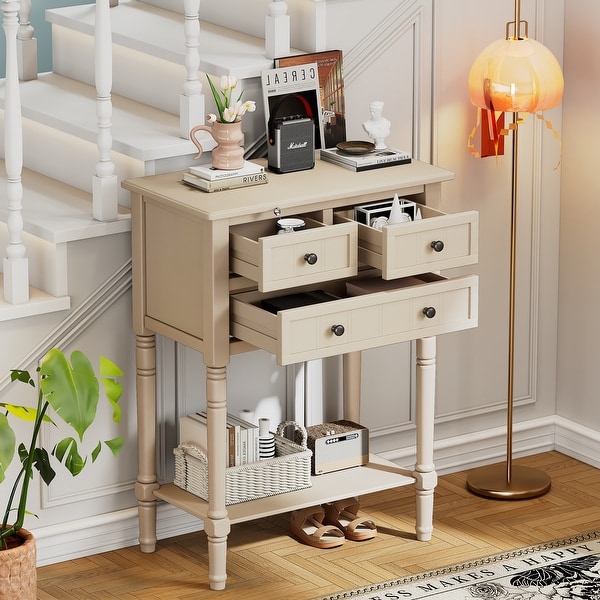 Narrow Console Table Entryway Table Slim Sofa Side Table with 3 Storage Drawers and Bottom Shelf for Living Room Hallway Beige