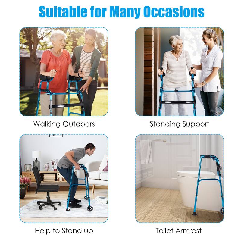 Costway Folding Wheel Walking Frame Adjustable Alloy Walker W/Armrest - See Details