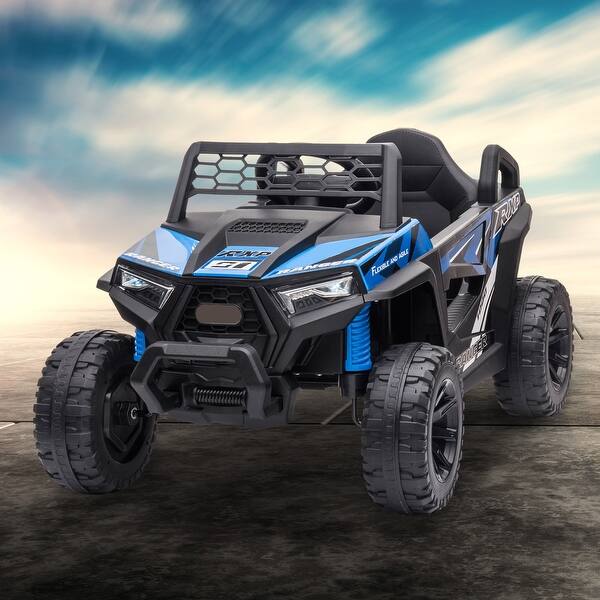 slide 2 of 13, Black Blue Versatile kid Ride On UTV Electric Car wFront LED Lights&Horn, Single Seat, Safety Belt, Forward/ Reverse Function Kids - Black+Blue - Assembled