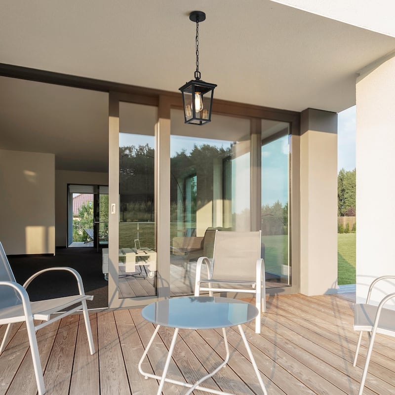 Modern Farmhouse Black 1-Light Outdoor Pendant Light Patio Lantern - L 6.7" x W 6.7" x H 12.6"