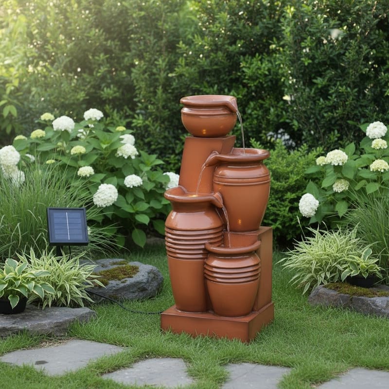 Teamson Home 28.74" 4-Tier Outdoor Fountain with LED Lights, Solar Powered, Weather-Resistant Faux Stone for Garden & Patio