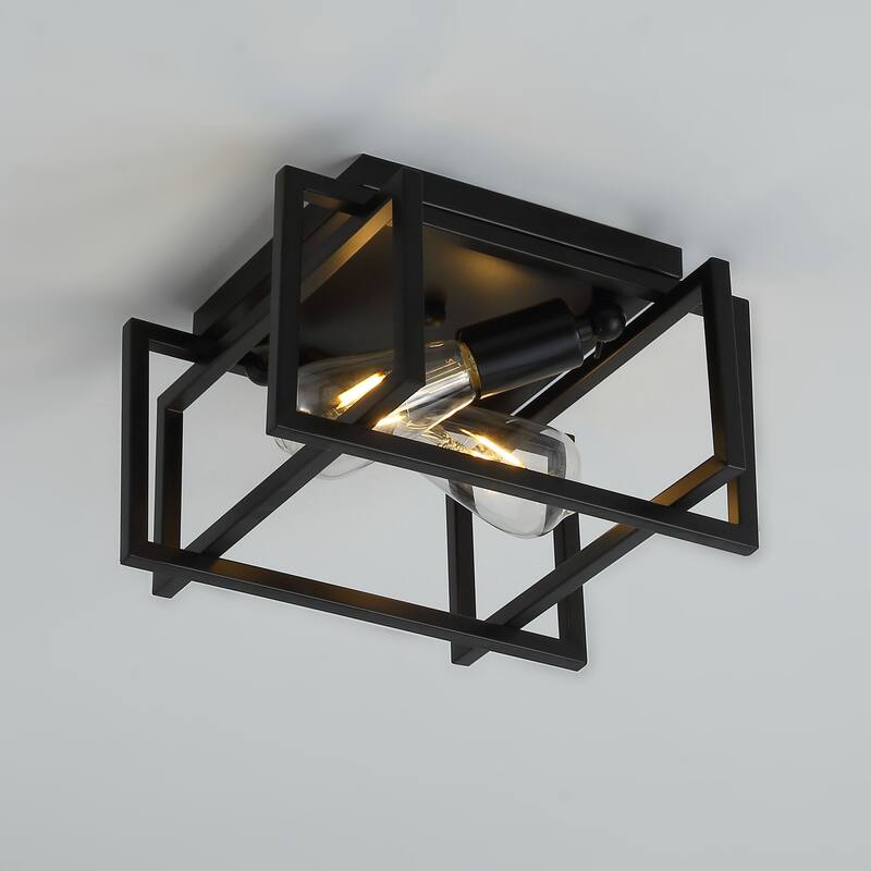 Industrial Black 2-Light Caged Shape Metal Ceiling Flush Mount