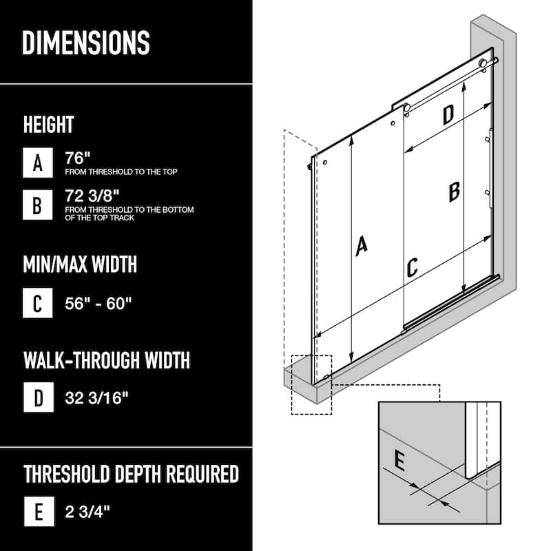 VIGO Elan E-Class 56" to 60" W x 76" H Frameless Sliding Shower Door