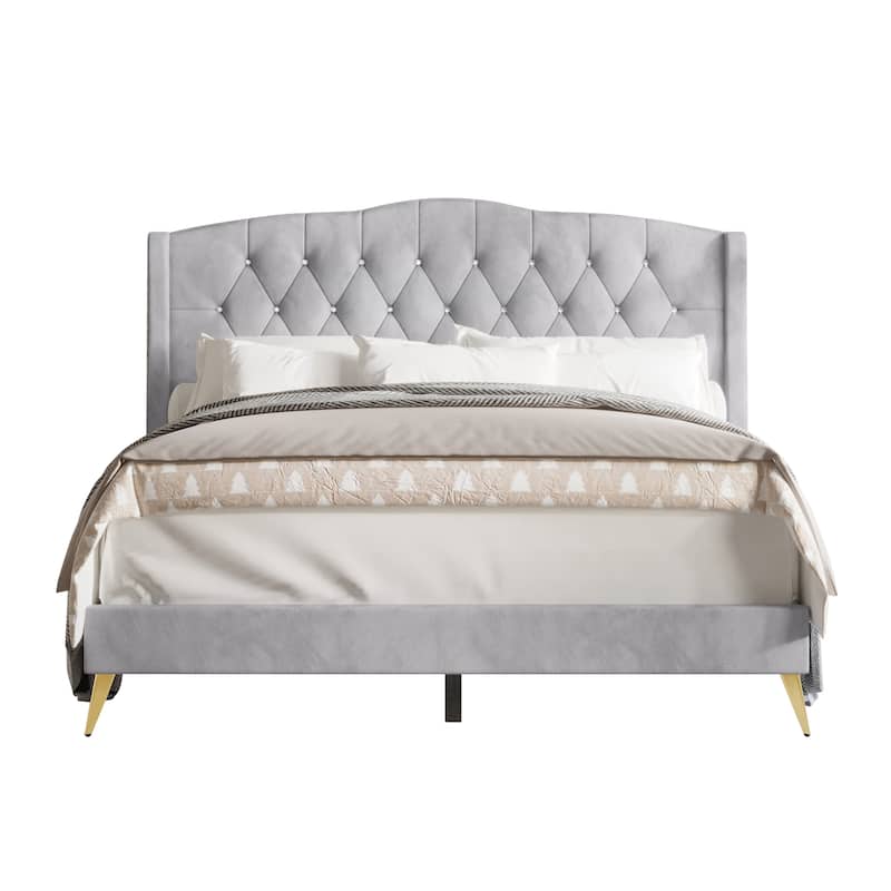 CraftPorch Velvet Diamond Button Tufted Upholstered Platform Bed - Silver Grey - Twin