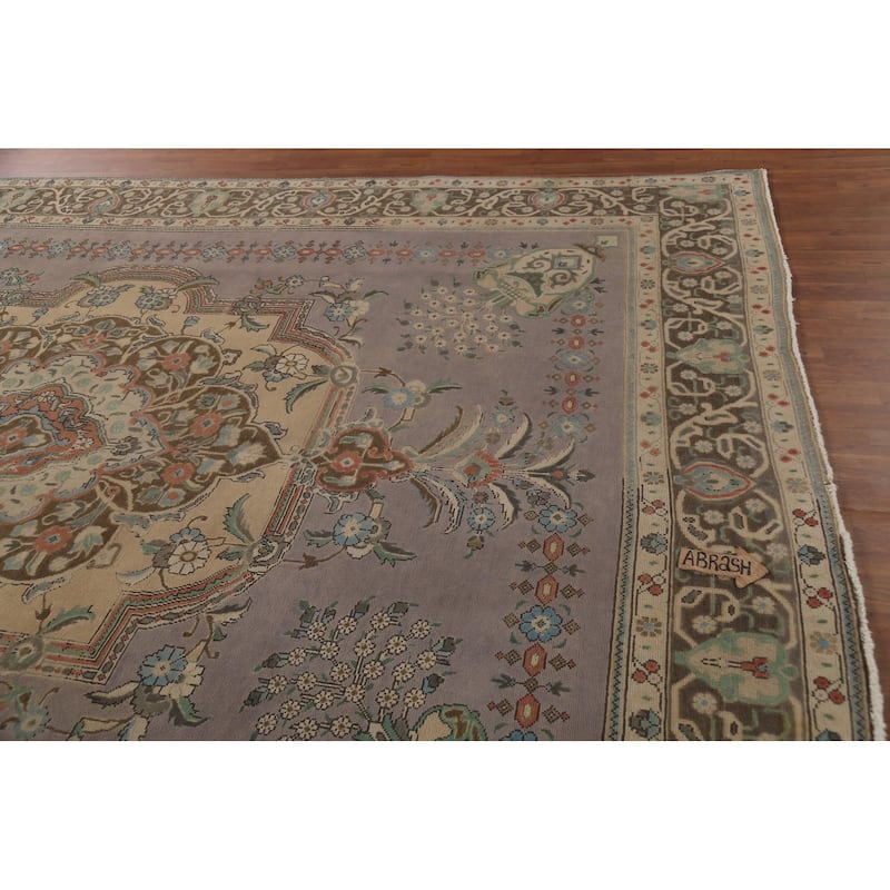 Gray Geometric Tabriz Persian Vintage Area Rug Handmade Wool Carpet - 9'10"x 12'11"