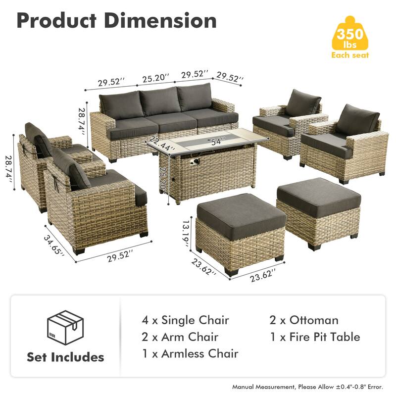 HOOOWOOO 10-piece Outdoor Wicker Wide Arm Patio Furniture Set with Fire Pit