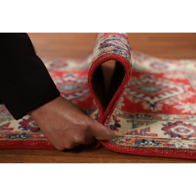 Red Geometric Kazak Accent Foyer Rug Hand-Knotted Wool Carpet - 2'0"x 3'0"