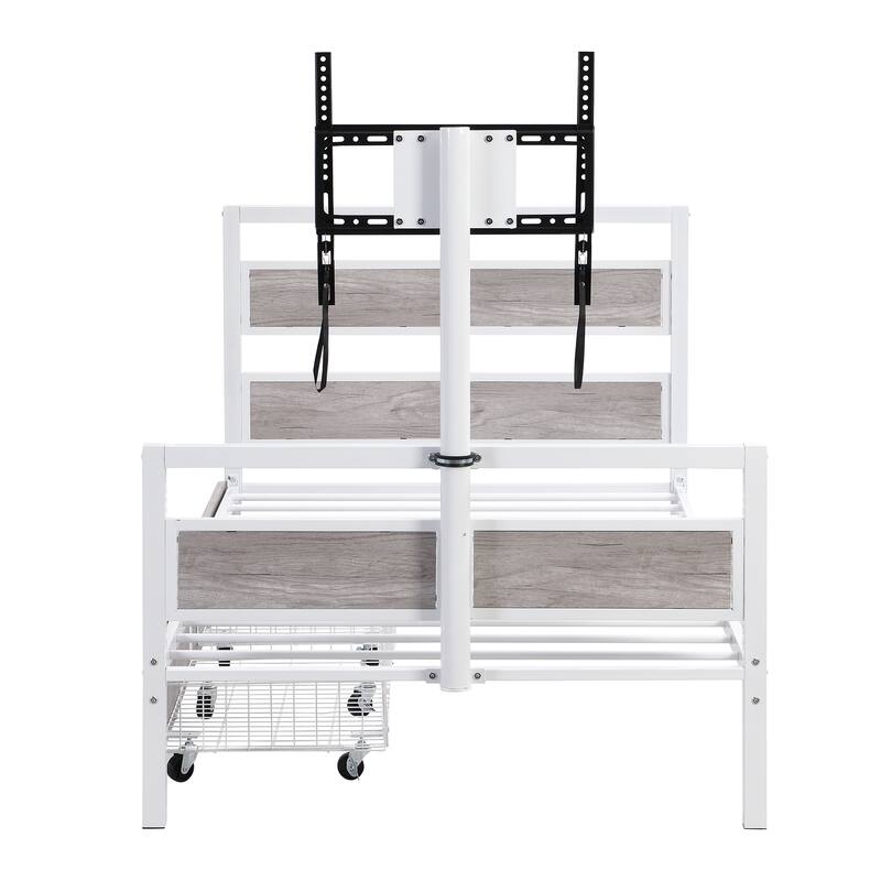 Twin Size Metal Platform Bed with Drawers and Rotatable TV Stand