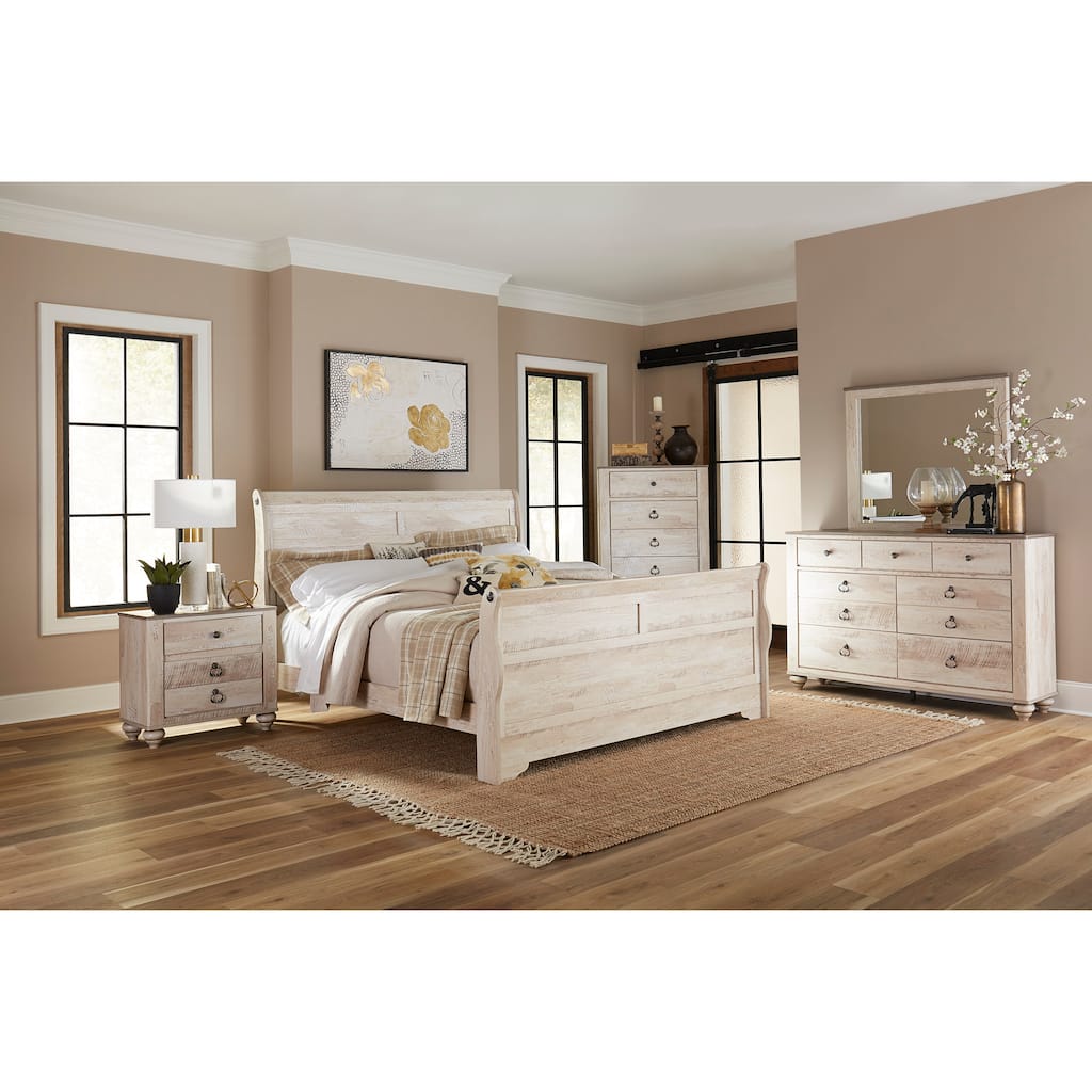 Imerland Contemporary White Wash Finish Bedroom Set with King Sleigh Bed, Dresser, Mirror, Two Nightstands, Chest