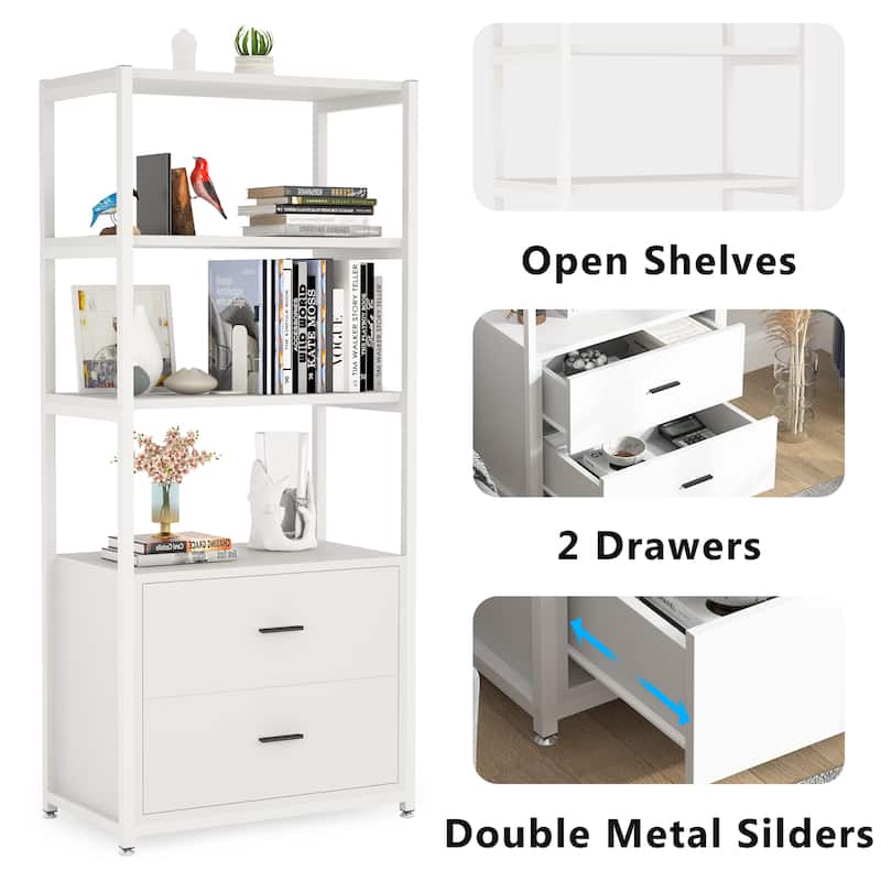 Brown Industrial Bookshelf with 2 Drawers, 5-Tier Bookcase with Open Shelf, Display Decorative Shelf for Living Room Office