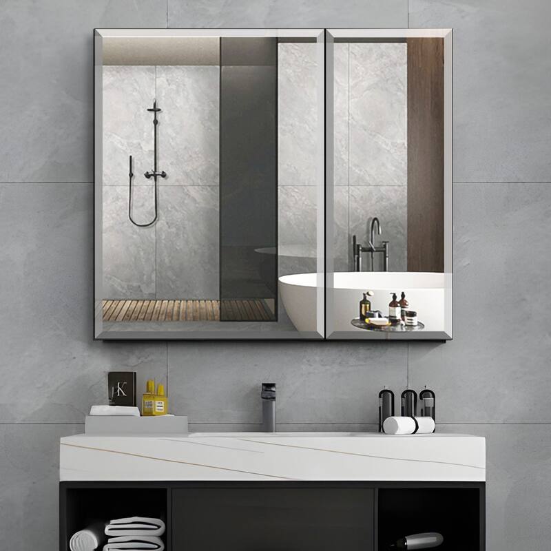 30x26 inch Double door mirror Aluminum medicine cabinet Surface Mount or Recessed Bathroom