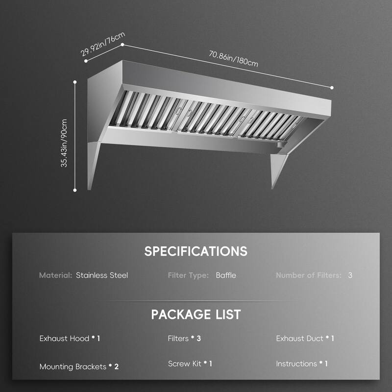 Commercial Exhaust Hood 6FT Rust Resistant Vent Hood