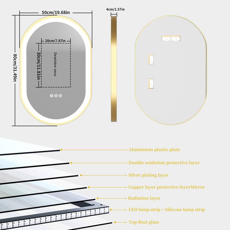 Modern LED Oval Bathroom Mirror Gold Frame Wall Vanity Mirror