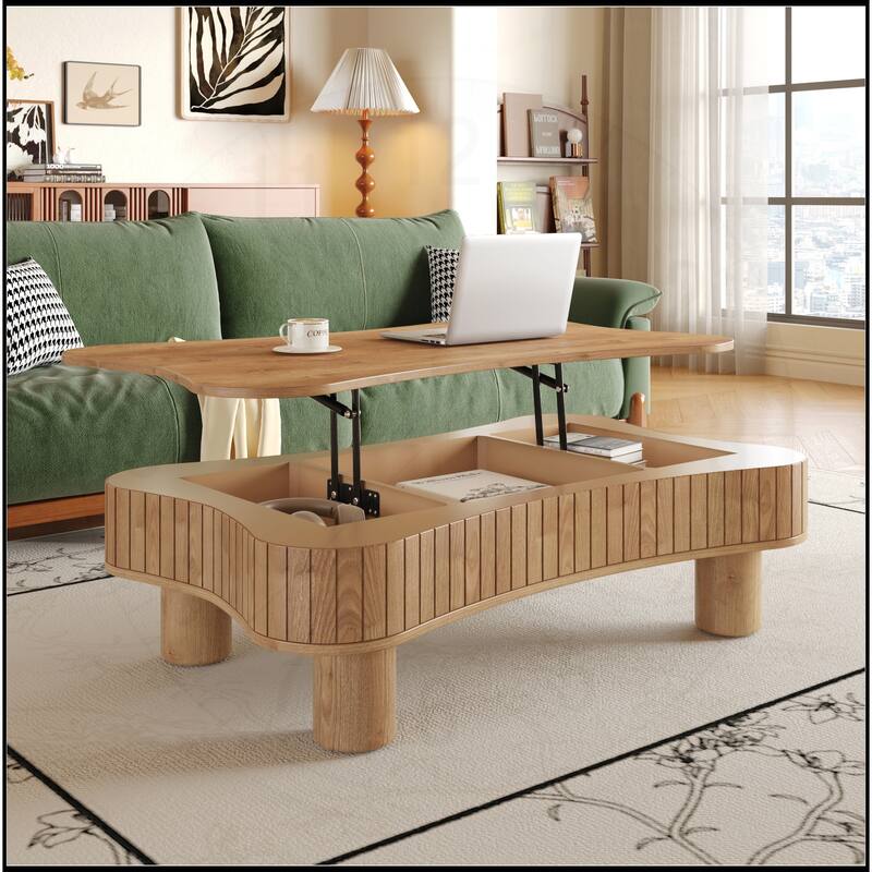 42" Lift Top Coffee Table with Fluted Panel Hidden Storage - Light Brown