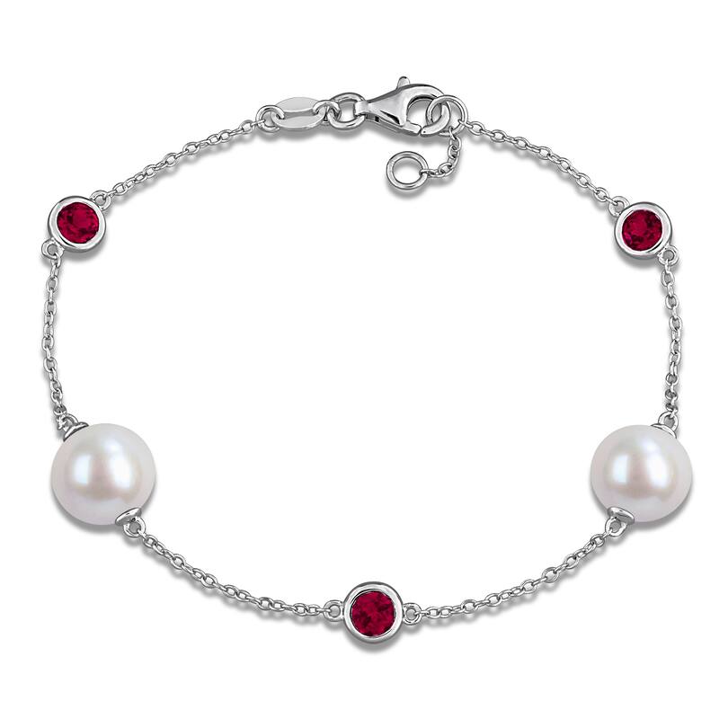 Miadora Cultured Freshwater Pearl and 7/8 CT TGW Sky-Blue Topaz Gemstone Station Bracelet in Sterling Silver - Red