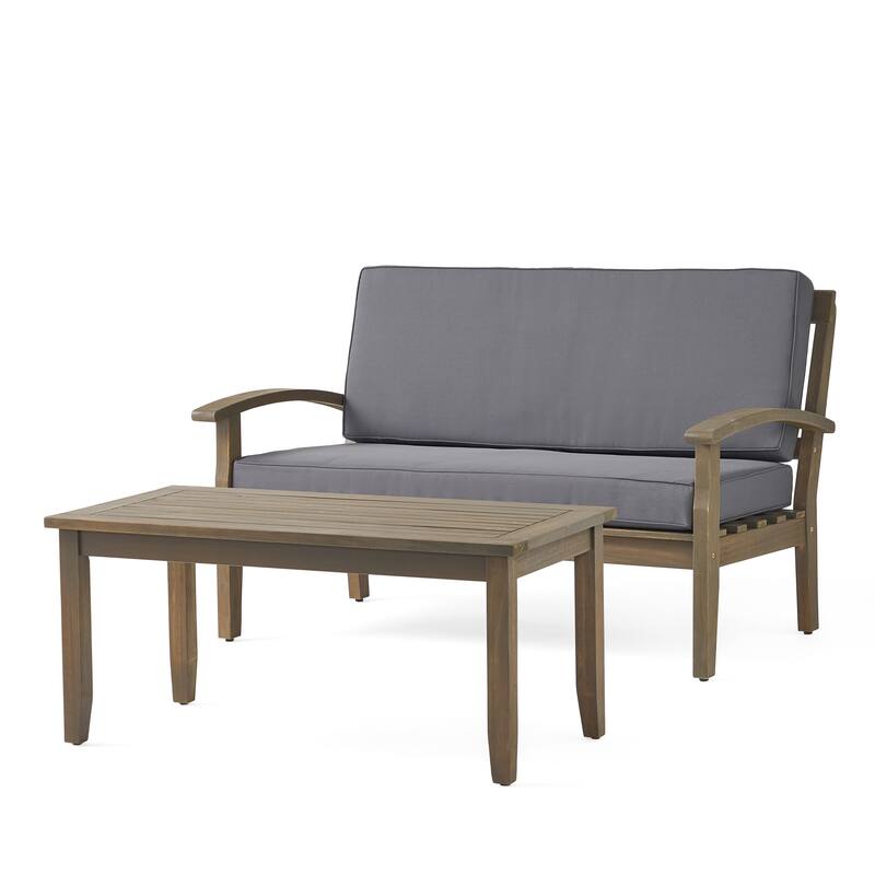 Peyton Outdoor Cushioned Acacia Wood Loveseat and Table Set by Christopher Knight Home