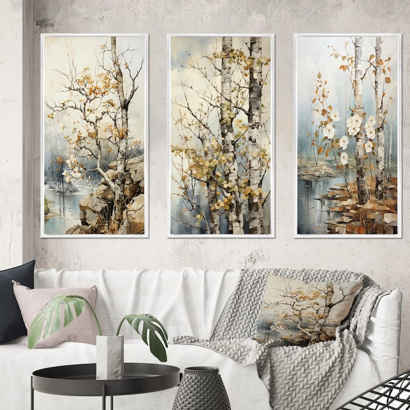 Designart "Beige Grey Tree Sycamore Symphony" Floral Framed Wall Art Set Of 3 Frame Canvas Set For Living Room Decor - 50 in. wide x 32 in. high - 3 Panels - White