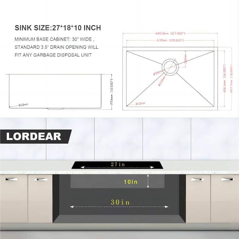 26 In 27 In Undermount Stainless Steel Kitchen Sink Single Bowl Basin