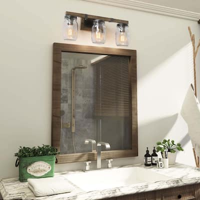Farmhouse 3-light Faux Wood Bathroom Vanity Lighting Glass Wall Sconce - W21"xH9"xE6"