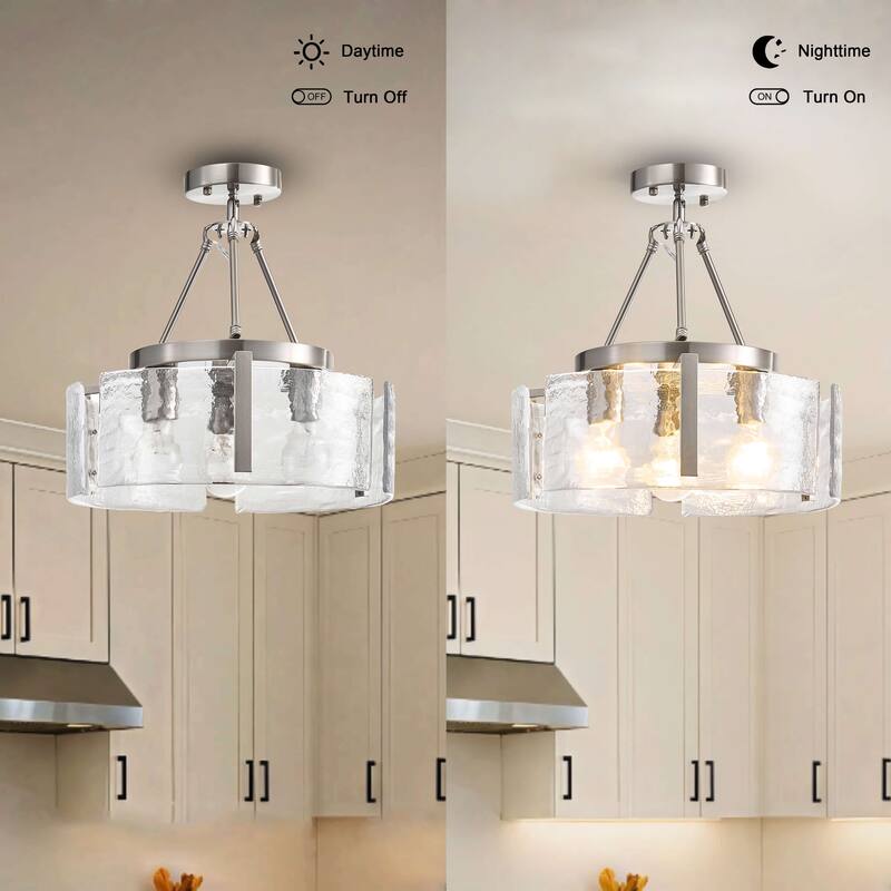 Reina 3-Light Water Textured Glass Panel Drum Semi Flush Mount