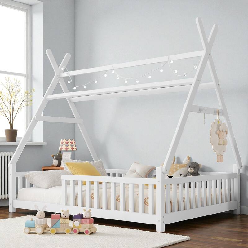 Twin/Full Size House Bed with LED Light and Fence, Wooden Low Floor Kids Bed Frame with Roof for Boys and Girls - White - Full