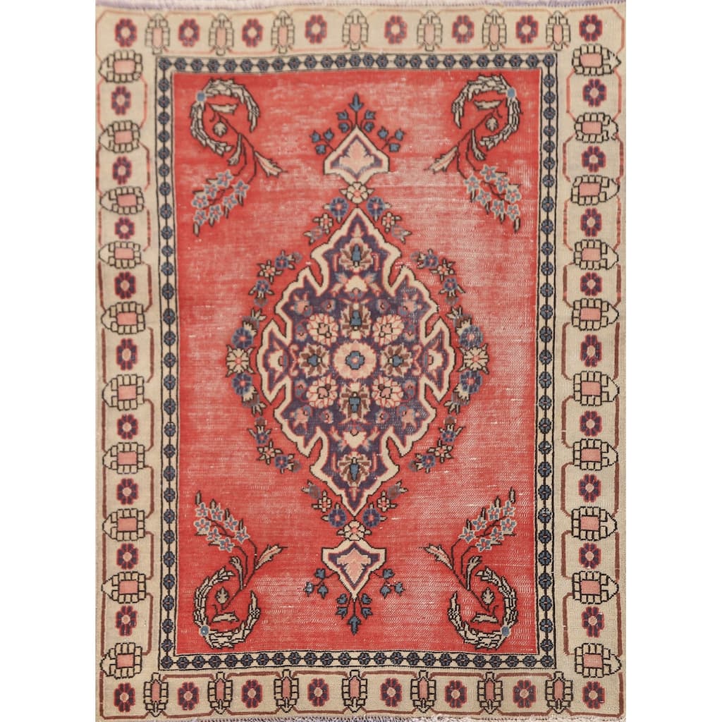 Hand Knotted Oriental 100% Wool Carpet Traditional Medallion Oranges & Rust Kerman Area Rug - 4' 6'' X 3' 2''