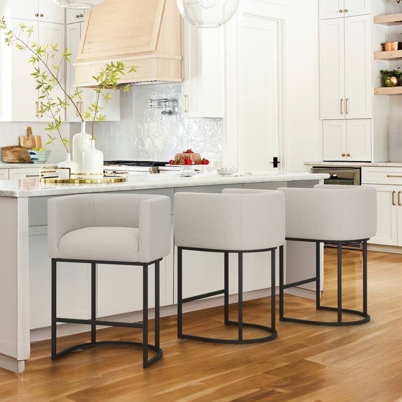 26 in. Counter Height Low Back Bar Stool with Metal Frame Modern Barrel Fabric Bar Stool for Kitchen Island