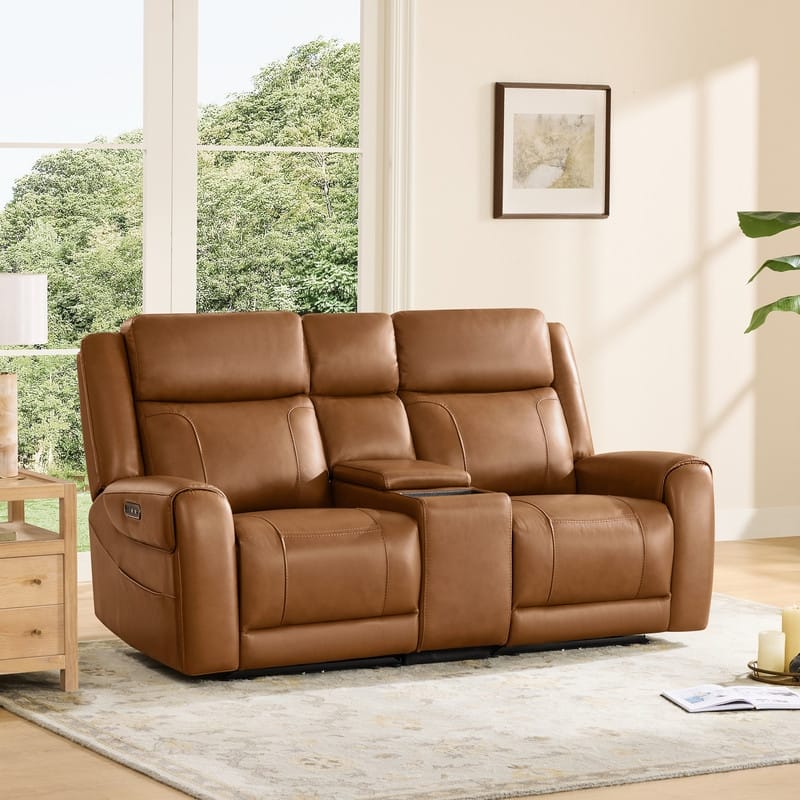 Spruce & Spring Leo Power Wall Hugger Reclining Sofa with Multi-Function Console - 2 Pieces+ Console - Saddle