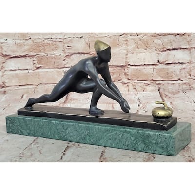 Bronze Curling Player Sculpture – Sports Themed Artwork On Marble Base