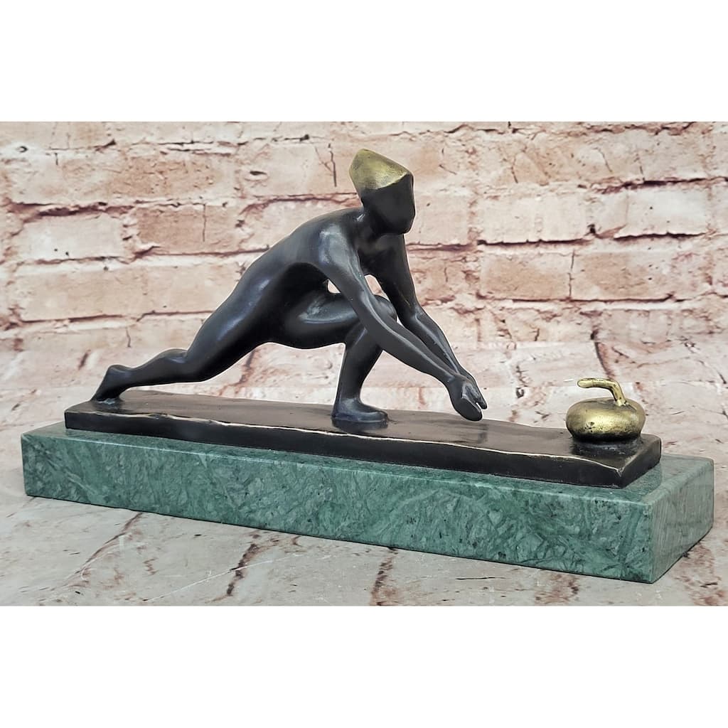 Bronze Curling Player Sculpture – Sports Themed Artwork On Marble Base