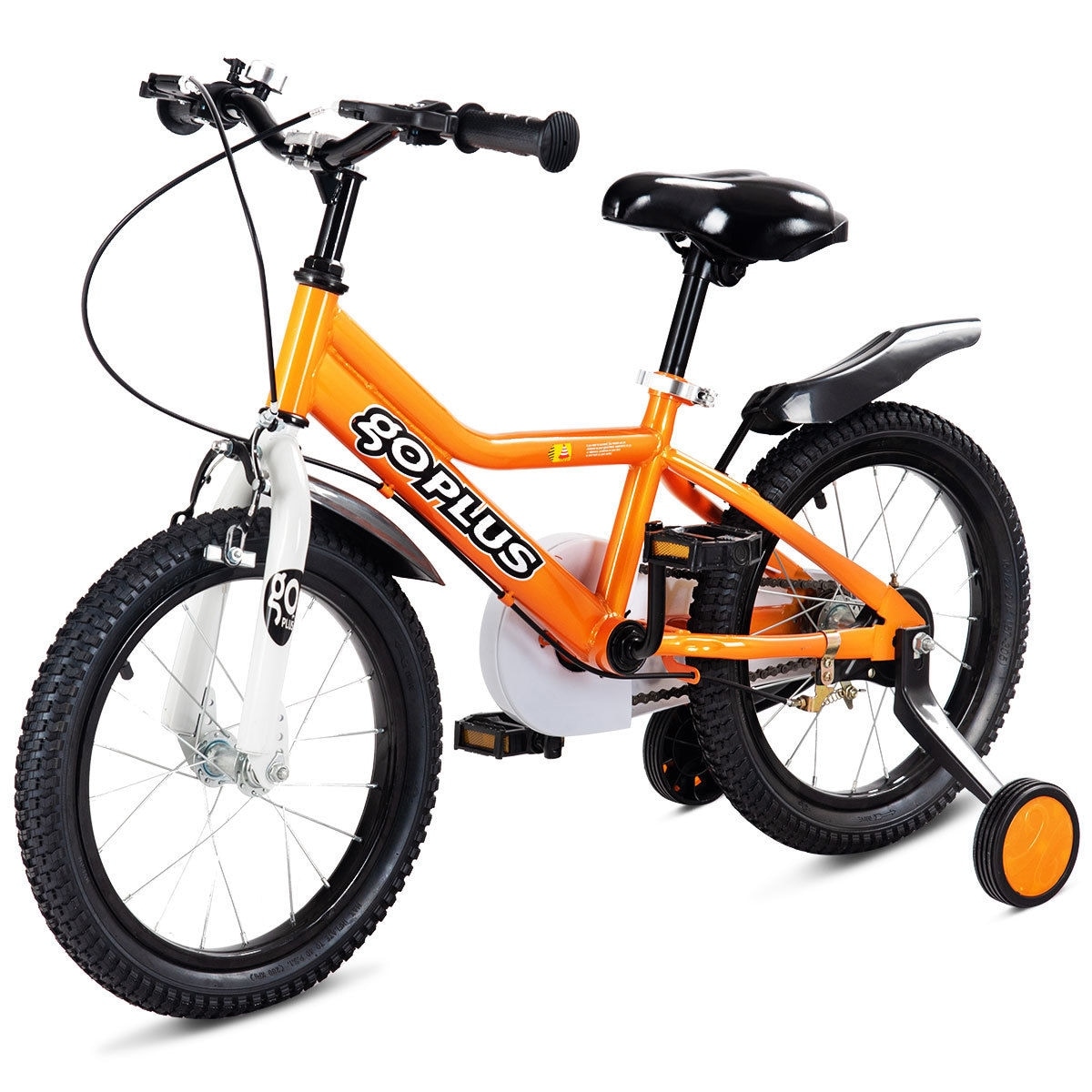 orange bike with training wheels