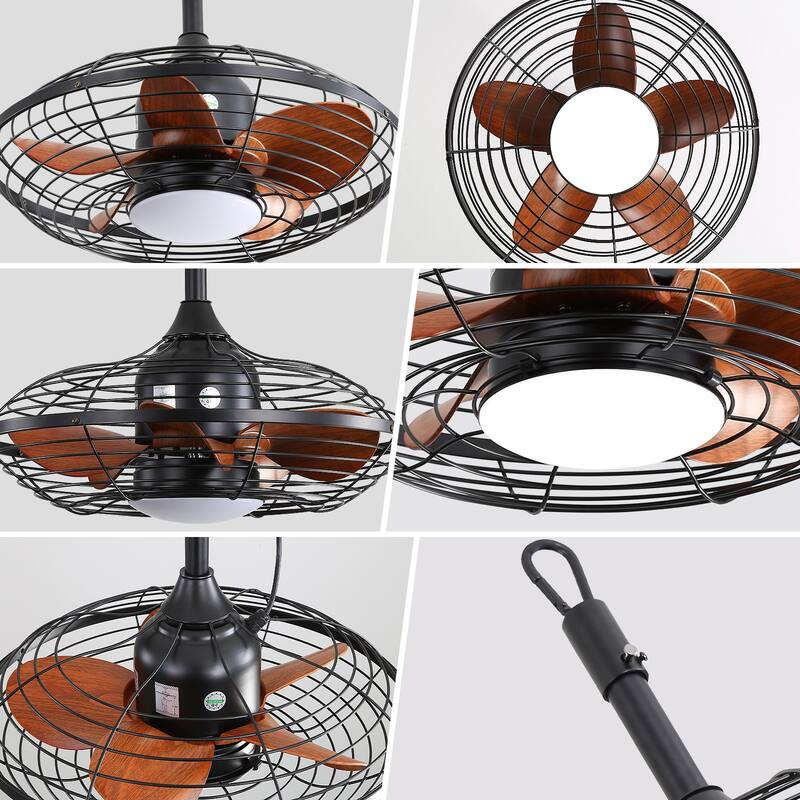 20 Inch Wet Rated Caged Ceiling Fan With Light and Remote Control Dimmable LED Chandelier