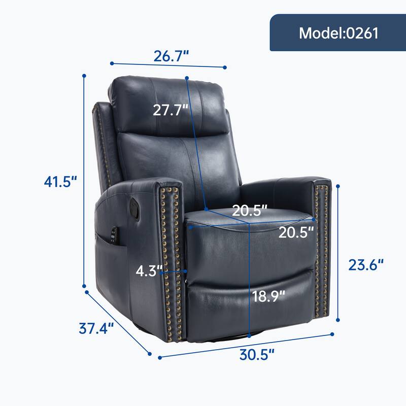 Genuine Leather Heat Massage Manual Recliner Chair with Rocker and Swivel