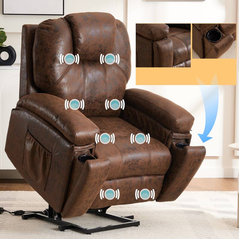Power Lift Recliner Chair Overstuffed Wide Massage Chair Heavy Duty and Safety Motion Reclining Mechanism with Side Pockets - Brown