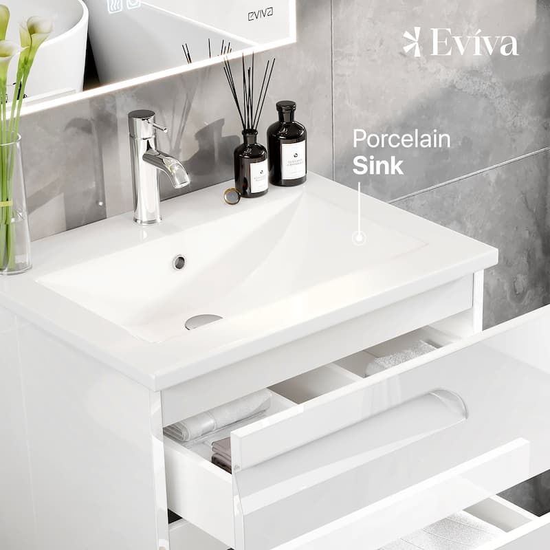 Joy 24"W WH Freestanding Bath Vanity with Porcelain Top & Integrated Sink