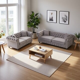 Velvet Chesterfield 5-Seater Sofa Set with Rolled Arms and Wooden Legs ...