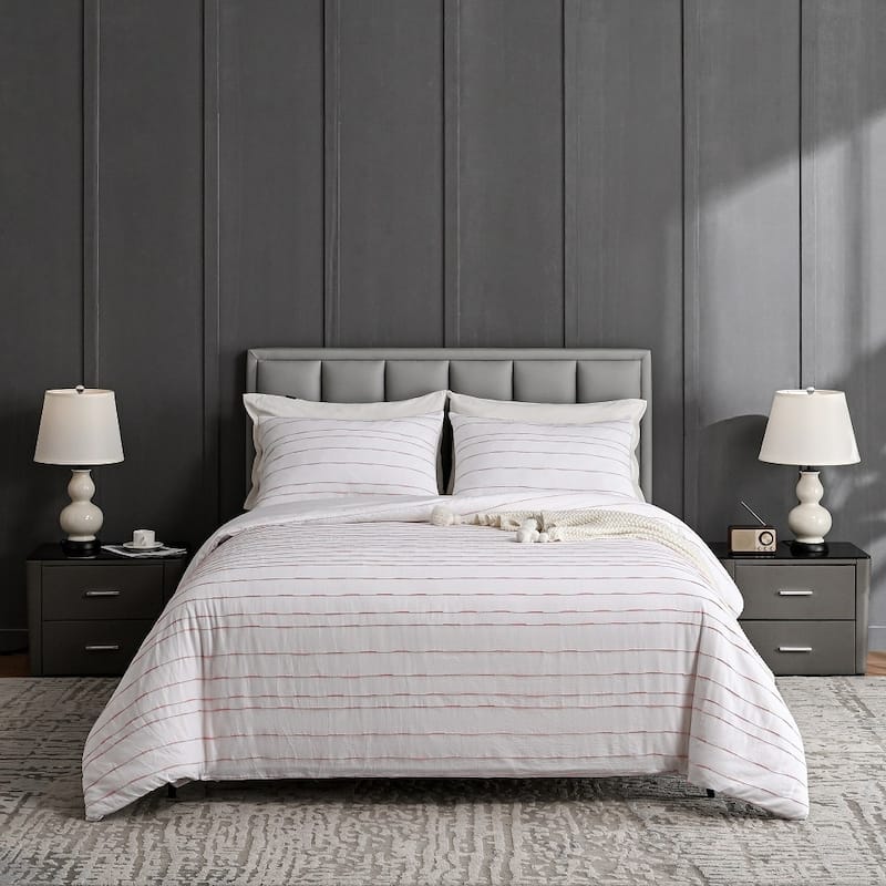 WHOLINENS Washed Cotton Yarn Dyed Stripe Duvet Cover Set 3Pcs