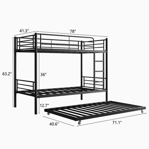 Twin Size Metal Bunk Bed with Trundle, Ladder and Full-Length Guardrail, Noise Free
