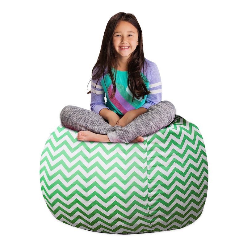 Kids' Stuffed Animal Storage Bean Bag Chair Cover or Toy Organizer - 38 Inches Large - Pattern Chevron Green and White