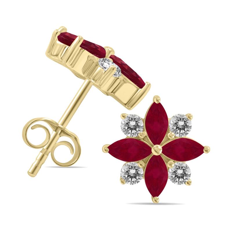 Marquee 1 Carat TW Ruby and Diamond Flower Earrings in 10K Yellow Gold