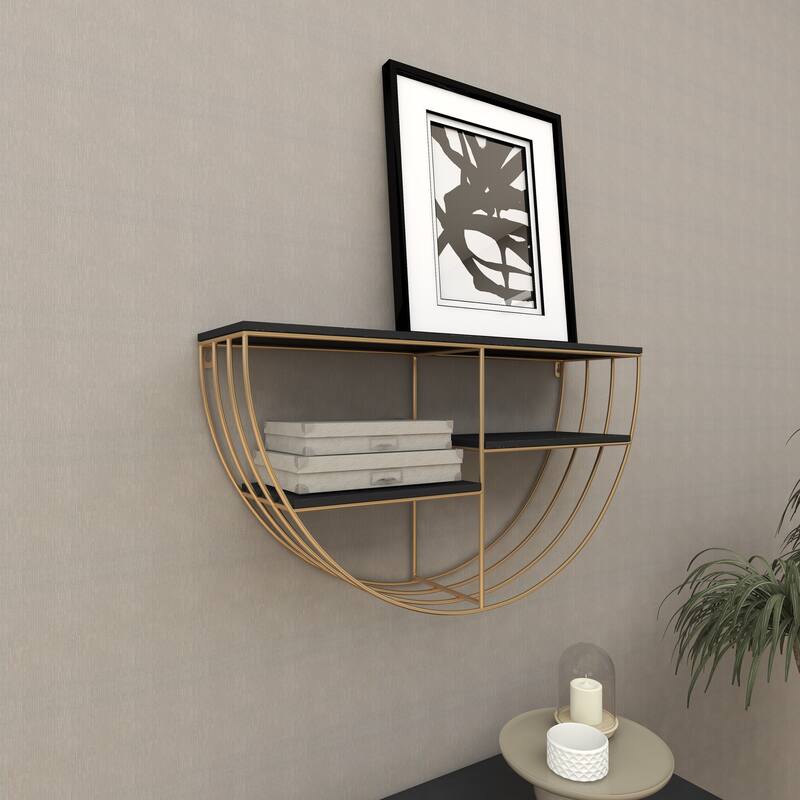 Gold Wooden 3 Shelves Wall Shelf with Half Moon Shape