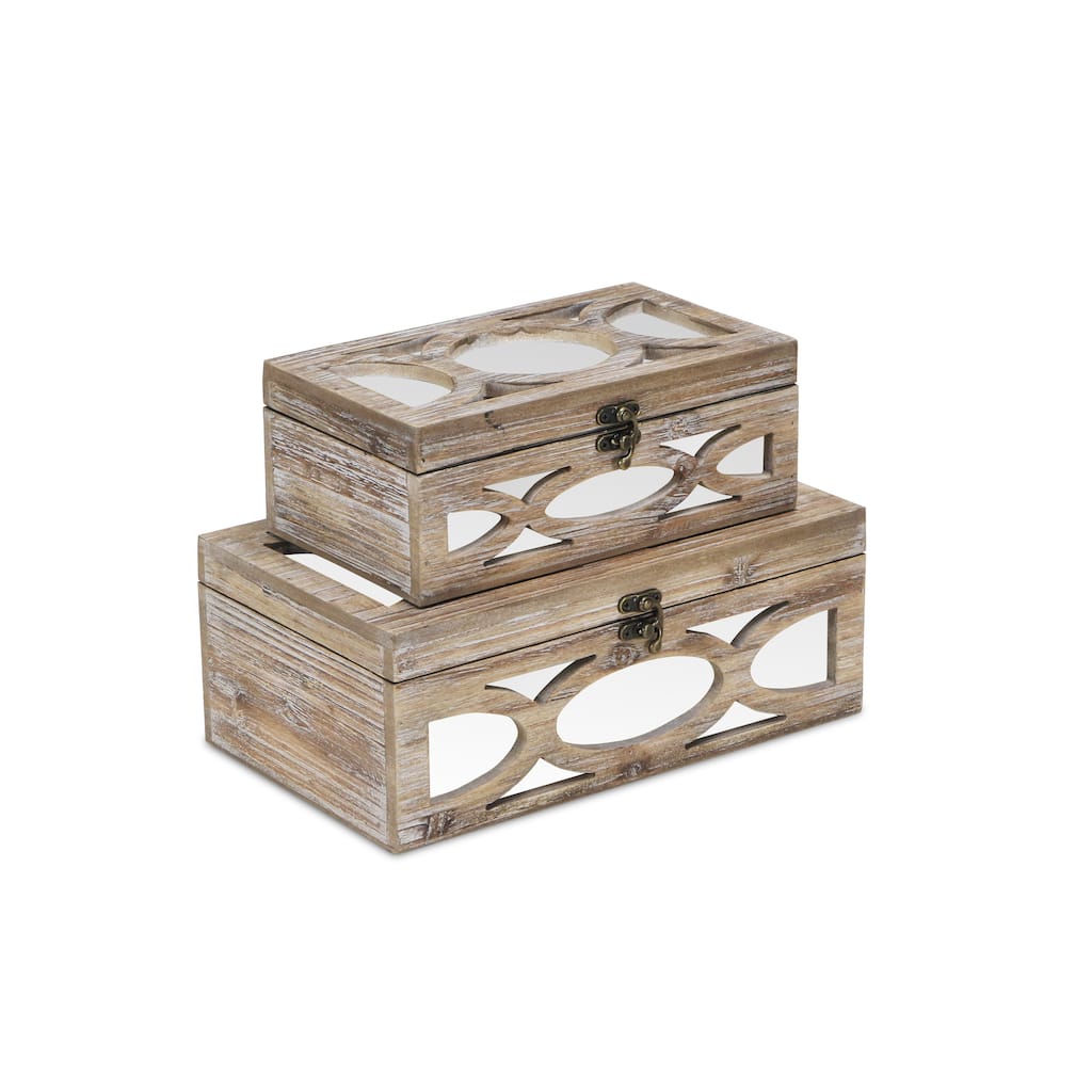 Brown Wood Storage Boxes with Overlayed Mirror Panels (Set of 2)